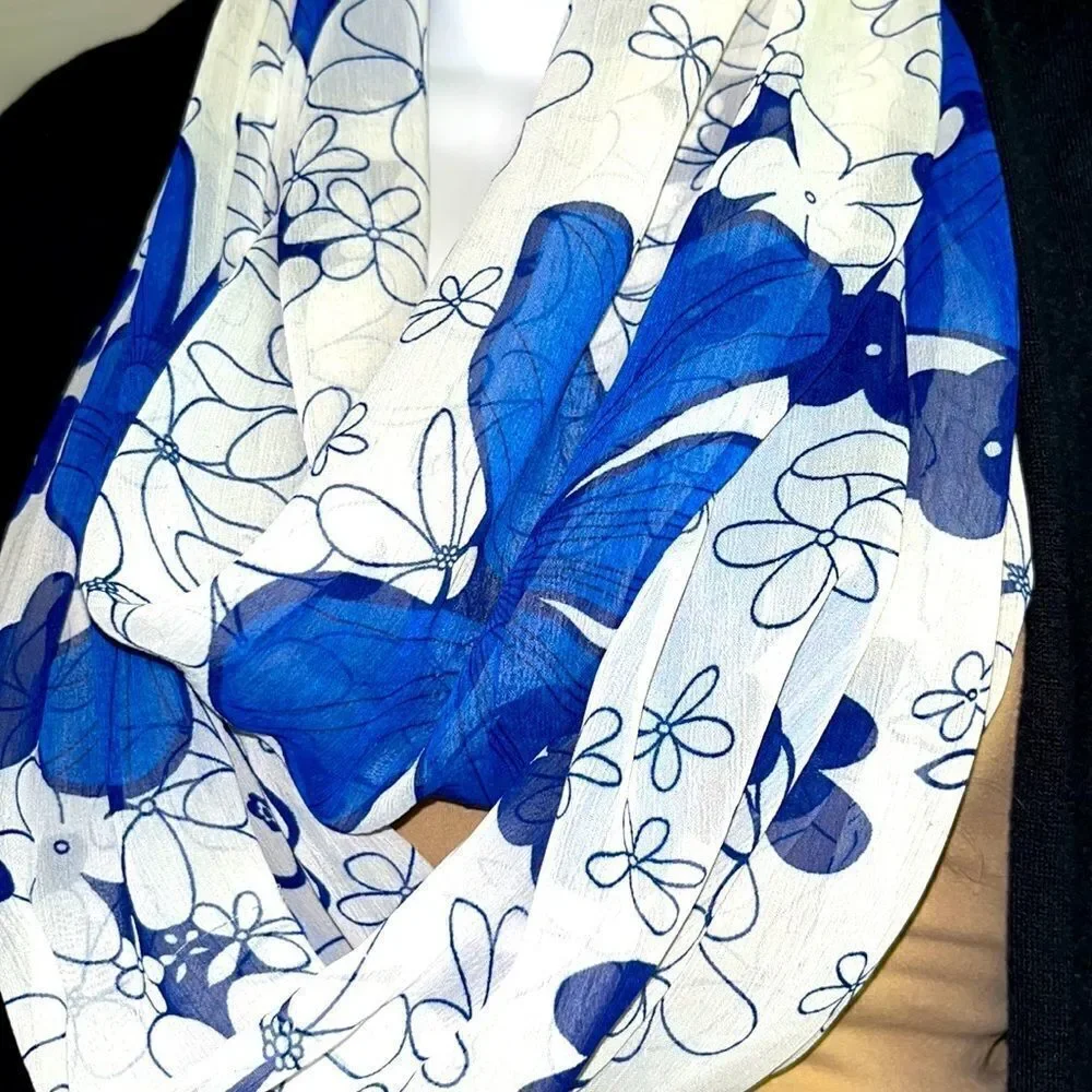Reversible Blue and White Floral Infinity Scarf